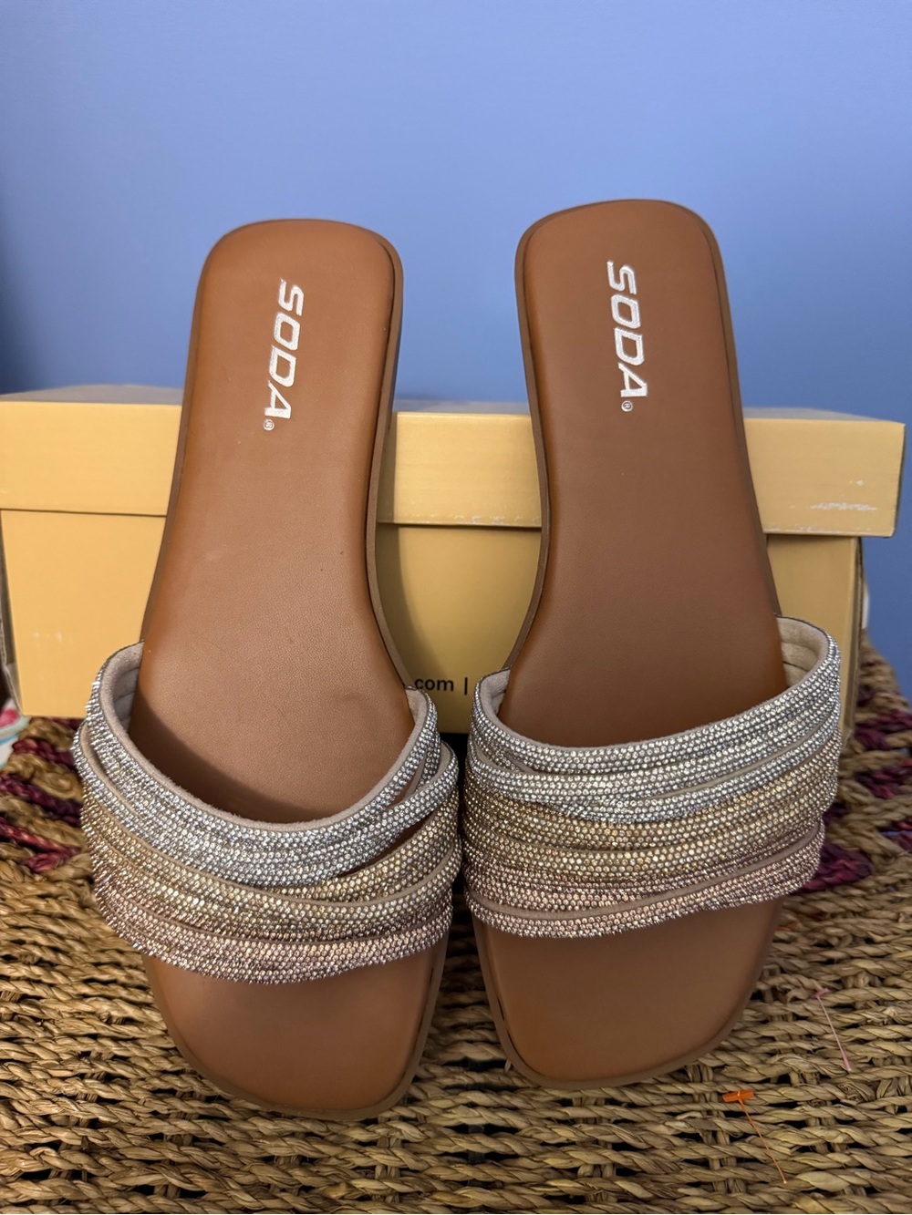 Soda Brown Slide Sandals with Silver Beaded Straps size 9